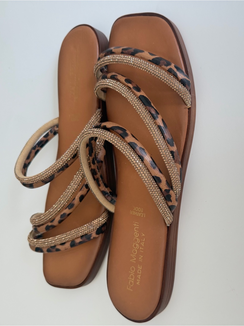 Fabio Maggenti Leopard Rhinestone Leather Slide Sandals | Women’s Size 10